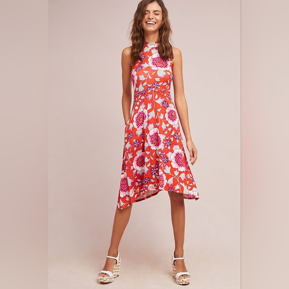 Anthropologie Floral Midi Dress - Red and Pink